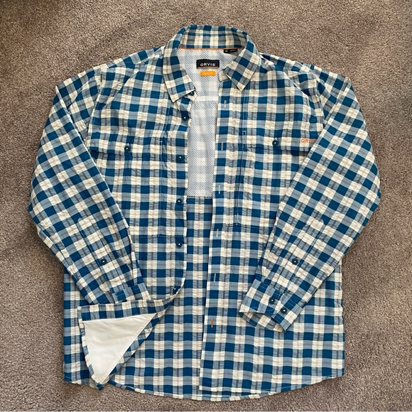 Orvis Men’s Button Up Long Sleeve Shirt Blue/White/Red Plaid Poly blend M - EUC - Picture 7 of 13
